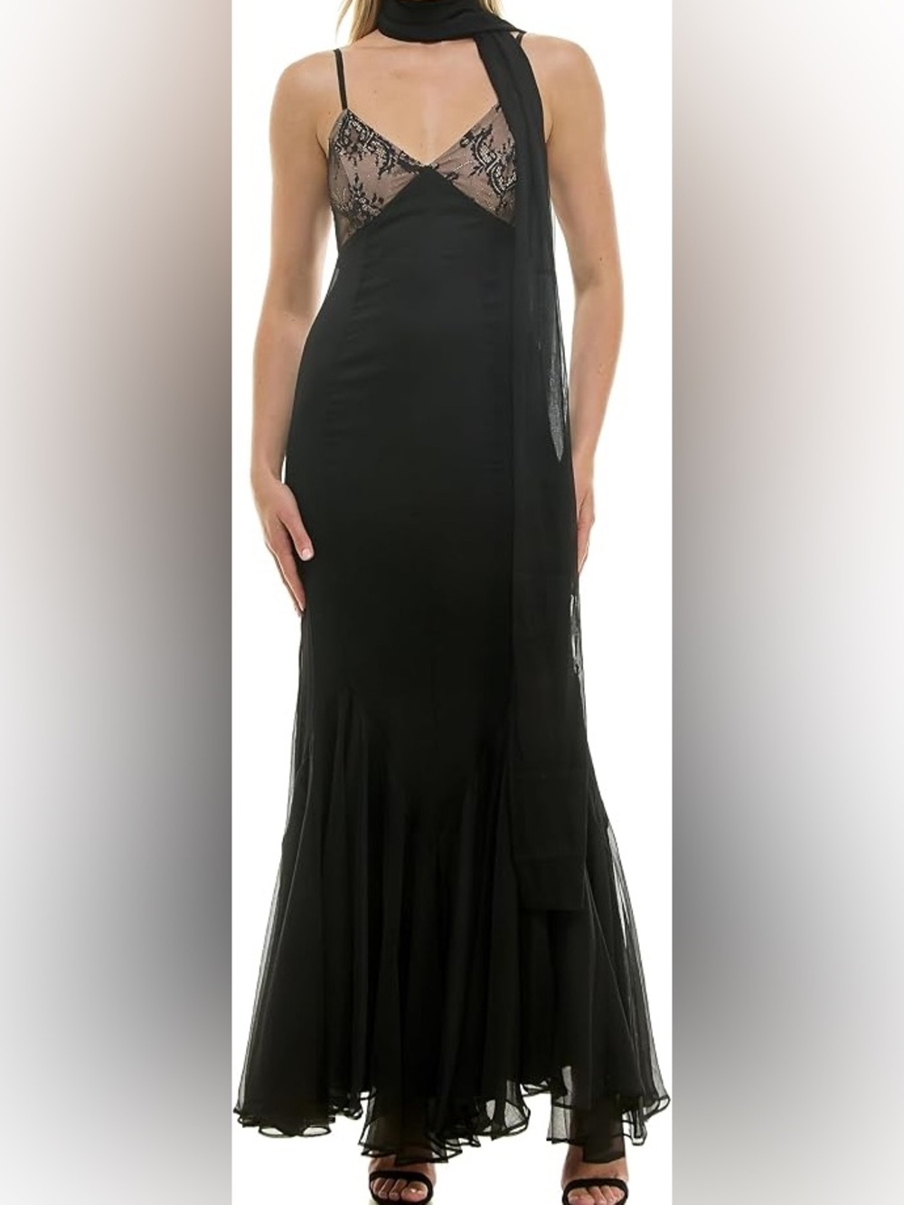 Taylor sleeveless lace detail mermaid chiffon ruffle hem gown with sash